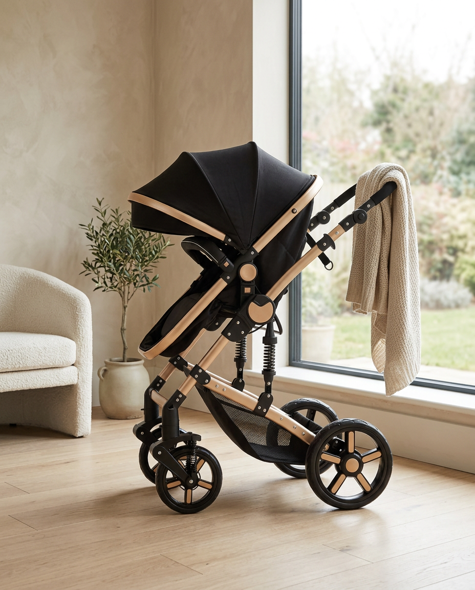 Poussette 3-en-1 Alvëa Trio coloris Noir Doré, tissu noir et châssis doré, dans un salon lumineux
