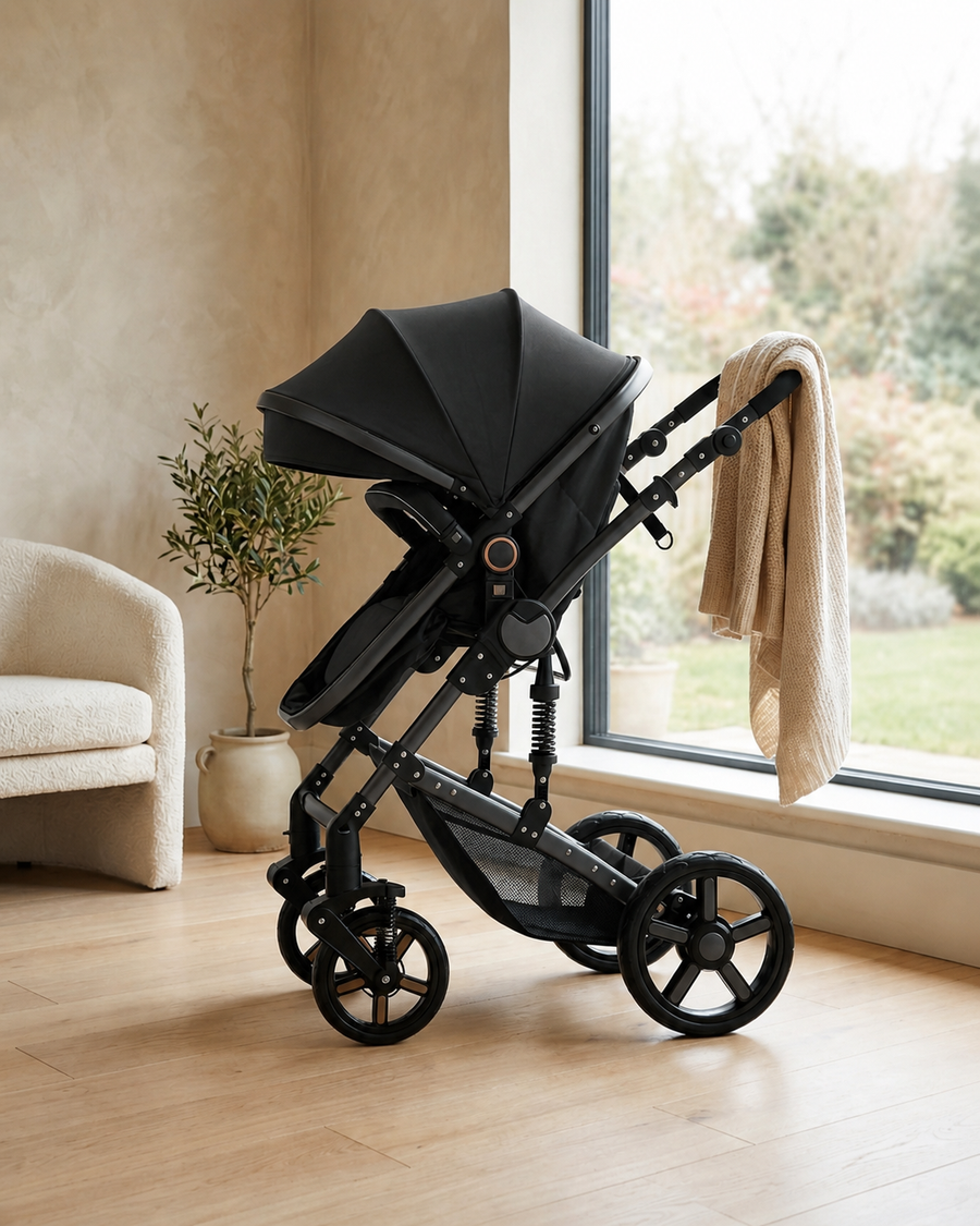 Poussette 3-en-1 Alvëa Trio coloris Noir Minuit, entièrement noire, dans un intérieur lumineux