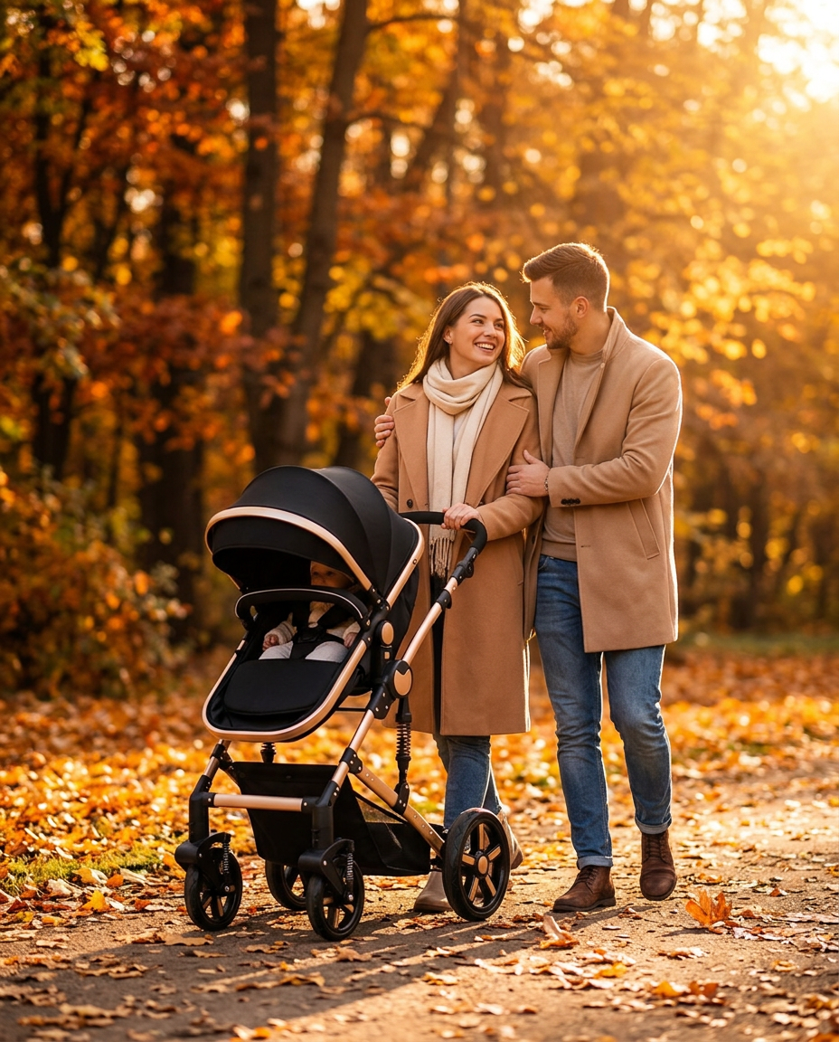 Jeunes parents en balade d’automne avec la poussette Alvëa Trio coloris Noir Doré