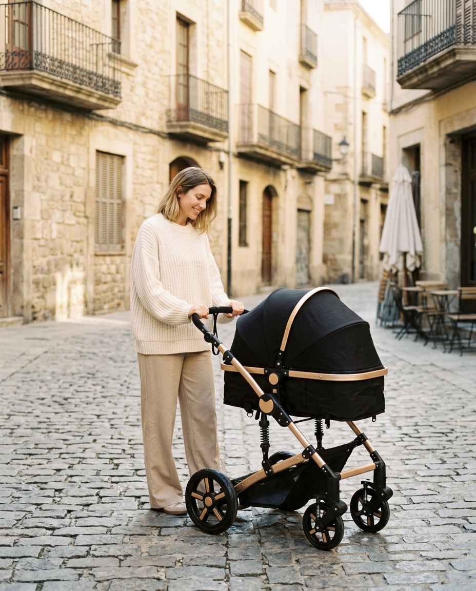 Mutter schiebt den Alvëa Voyage Kinderwagen mit Babywanne über Kopfsteinpflaster